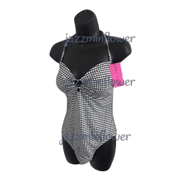 Betsey Johnson white black classic gingham print halter swimsuit size XL new - Picture 10 of 13